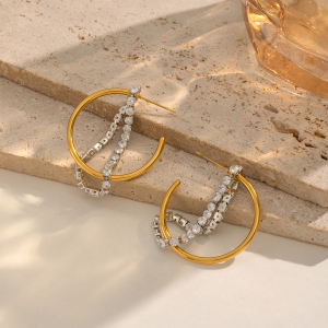 Boucles D'Oreilles Pendantes Pour Femme, En Acier Inoxydable Imperméable, Couleur Or, Avec Pompon Simple Et Strass. h5 Image3