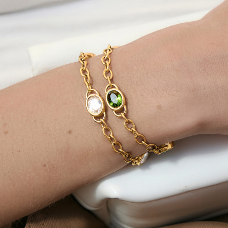 Bracelet chaîne femme Daily Chain en acier inoxydable étanche couleur or avec zircon, forme ellipse