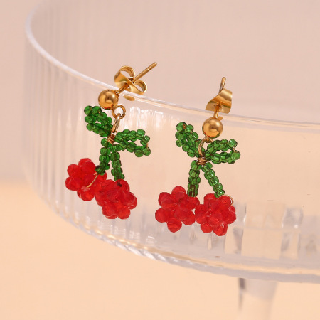 Boucles d'oreilles perles pour femme, collection romantique Sweet Cherry, en acier inoxydable étanche, couleur or.