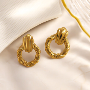 Boucles D'Oreilles Puces Pour Femmes, Style Cercle Simple, En Acier Inoxydable, Étanches, Couleur Or, Avec Zircon. h5 Image3