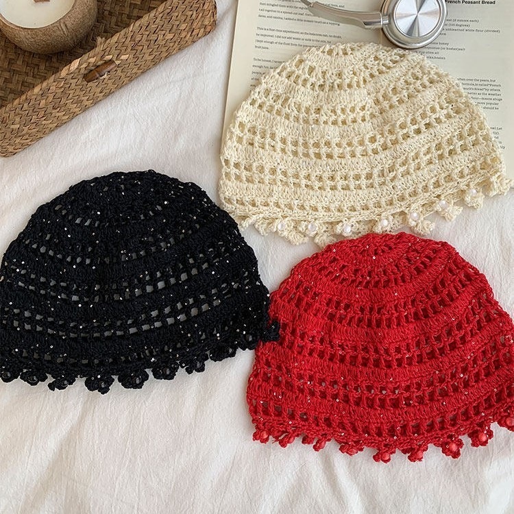 Chapeau Tissé À La Main En Coton Tissé Ajouré, Couleur Unie, De La Série Simple, Orné De Perles Et D'Un Pompon. Image4