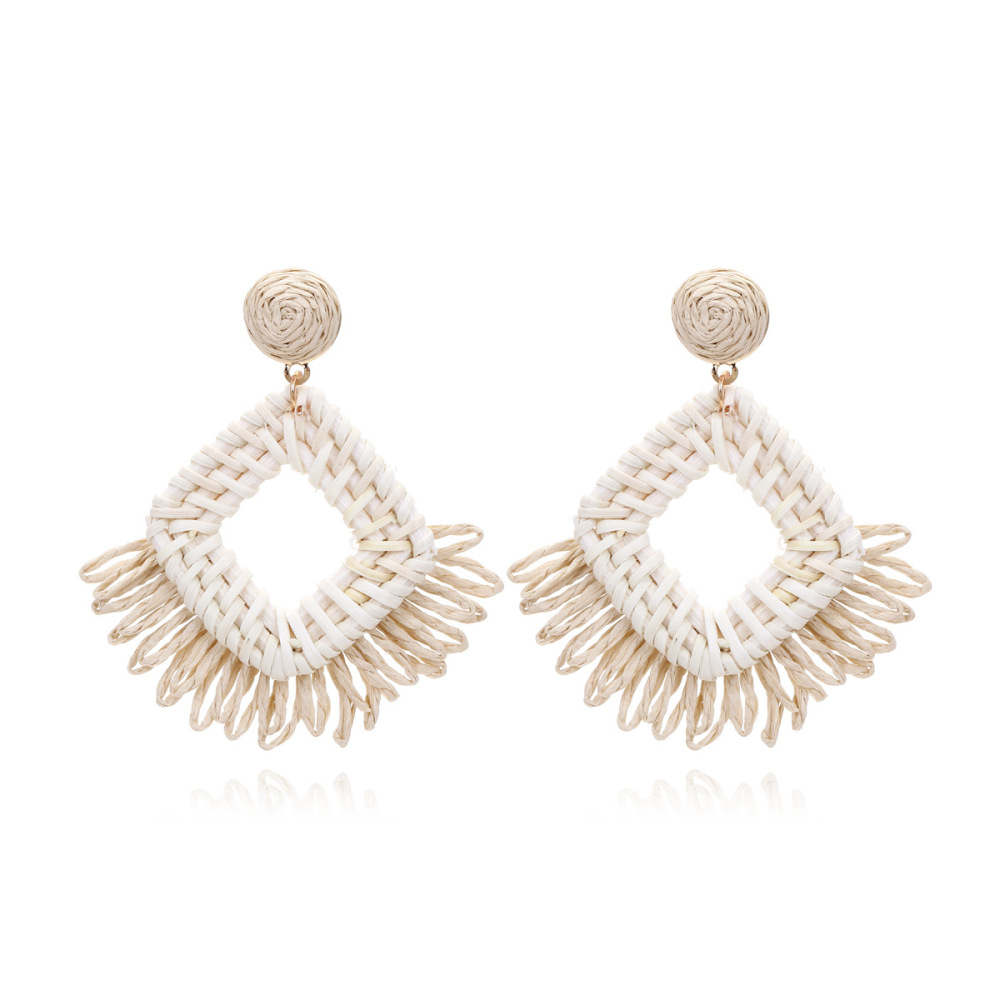 Boucles D'Oreilles Pendantes Rectangulaires En Raphia, Motif Floral Romantique, Collection Vacances, Pour Femmes