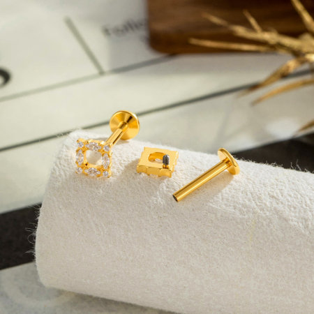 Boucles d'oreilles piercing femme, forme géométrique, nœud papillon et fleur simple, alliage de titane doré et zircon. 2
