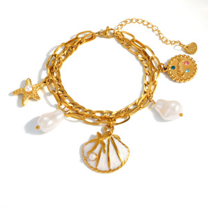 Bracelet À Breloques Pour Femme, Collection Romantique, Style Océanique, Coquillage, En Acier Inoxydable Étanche, Couleur Or h5 Image4