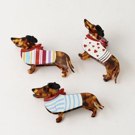 Griffes en acétate à rayures en forme de teckel, motif cœur mignon et dessin animé, série simple