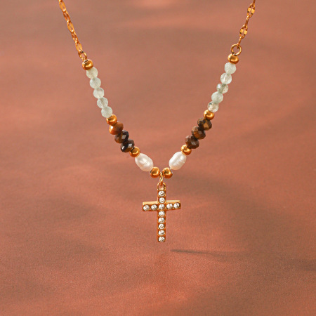 Colliers de perles pour femmes en acier inoxydable, étanches, couleur or et zircon
