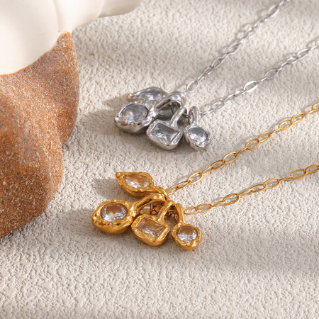 Colliers pendentifs pour femmes en acier inoxydable doré, forme géométrique rétro, étanches, avec zircon. 2