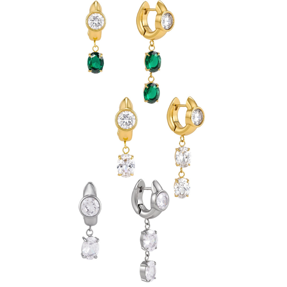 Boucles D'Oreilles Pendantes Pour Femme, En Acier Inoxydable Imperméable, Couleur Or, Forme Elliptique Simple, Ornées De Zircon. Image4