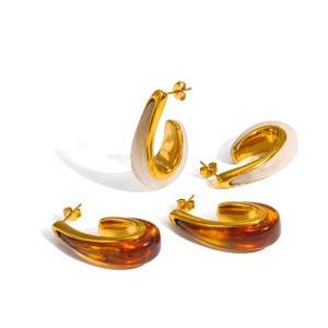 Boucles D'Oreilles Puces Rétro En Forme De C, En Acier Inoxydable, Imperméables, Couleur Or Et Acrylique, Pour Femmes h5 Image4