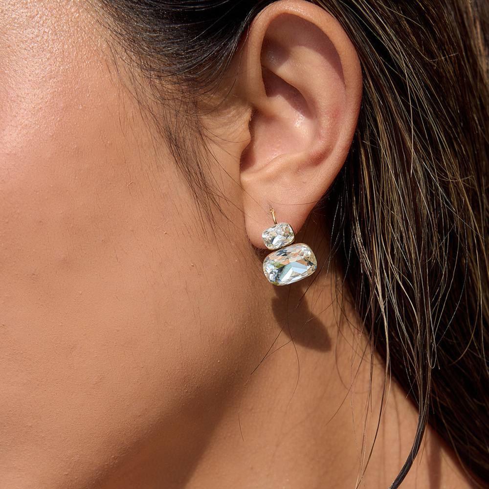 Boucles D'Oreilles Puces Pour Femmes, Style Rectangulaire, En Acier Inoxydable, Étanches, Couleur Or, Avec Zircon, Collection Luxueuse h5Image4