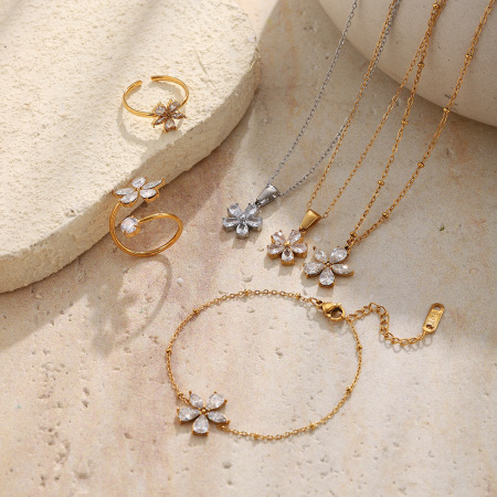 Ensembles de colliers pour femmes en acier inoxydable doré, ornés de zircon et sertis de fleurs romantiques 2