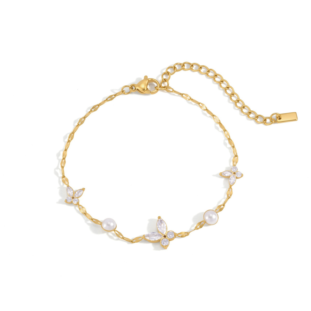 Bracelet Chaîne Femme En Acier Inoxydable Doré Avec Zircon Et Motif Papillon Doux, Collection Romantique Image5