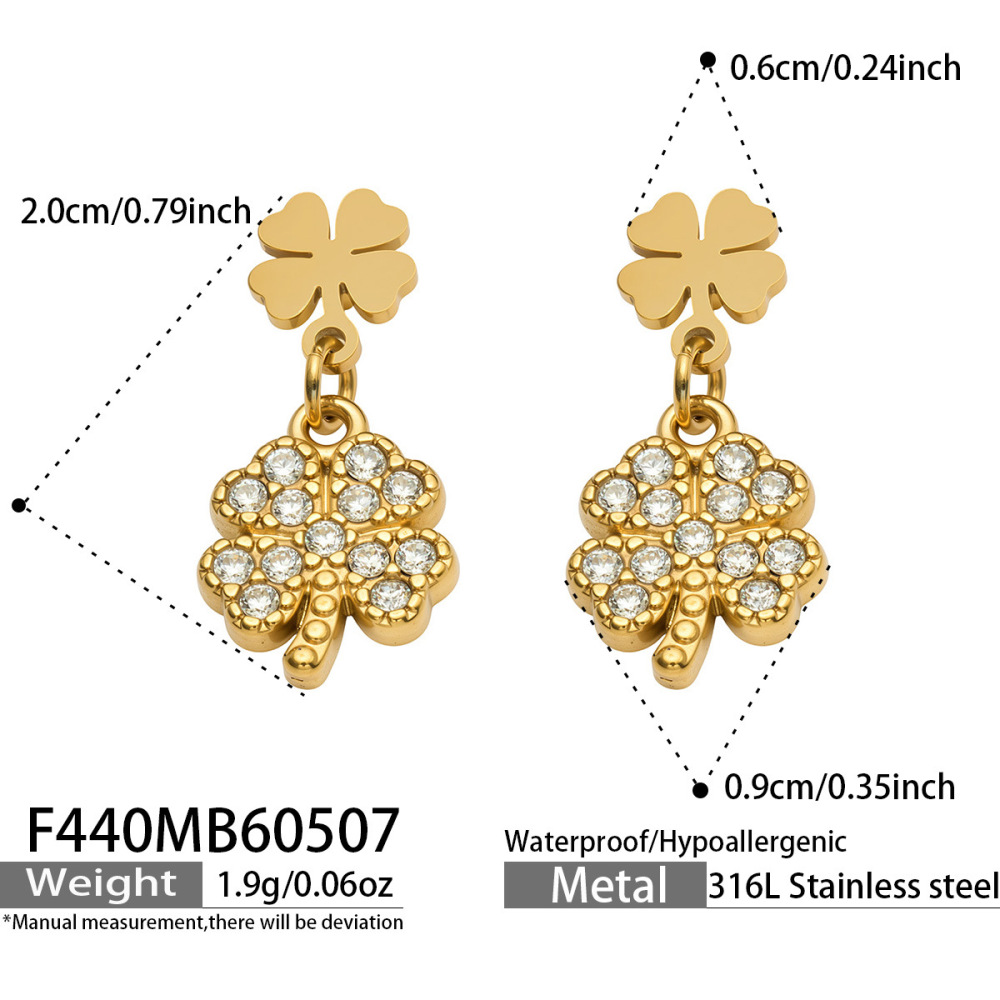Boucles D'Oreilles Pendantes Clover En Acier Inoxydable Étanche, Couleur Or, Avec Strass. 