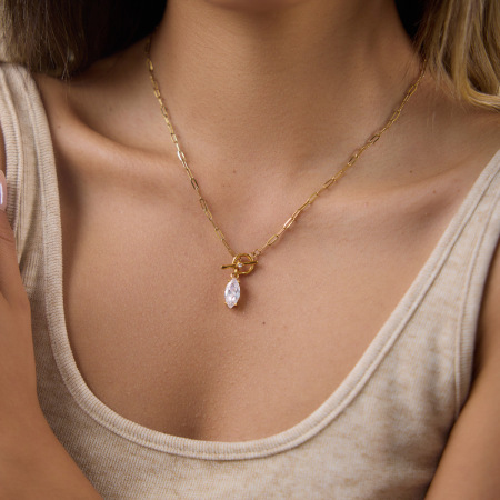 Colliers pendentifs pour femmes en acier inoxydable, étanches, couleur or, avec zircon et motif goutte simple 2