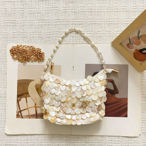 Sac Carré Pour Femme En Acrylique Tissé À Sequins, Perles Et Coquillages, Style Soirée h5