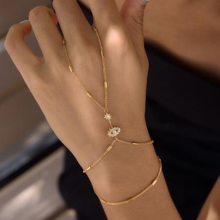 Chaîne de main pour femme en acier inoxydable doré, ornée d'un œil de diable, de strass et de zircon.