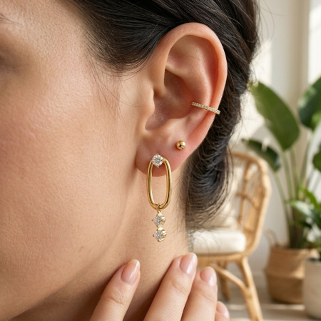Boucles d'oreilles pendantes pour femme, style simple, rectangulaire, en acier inoxydable, étanches, couleur or, avec zircon.