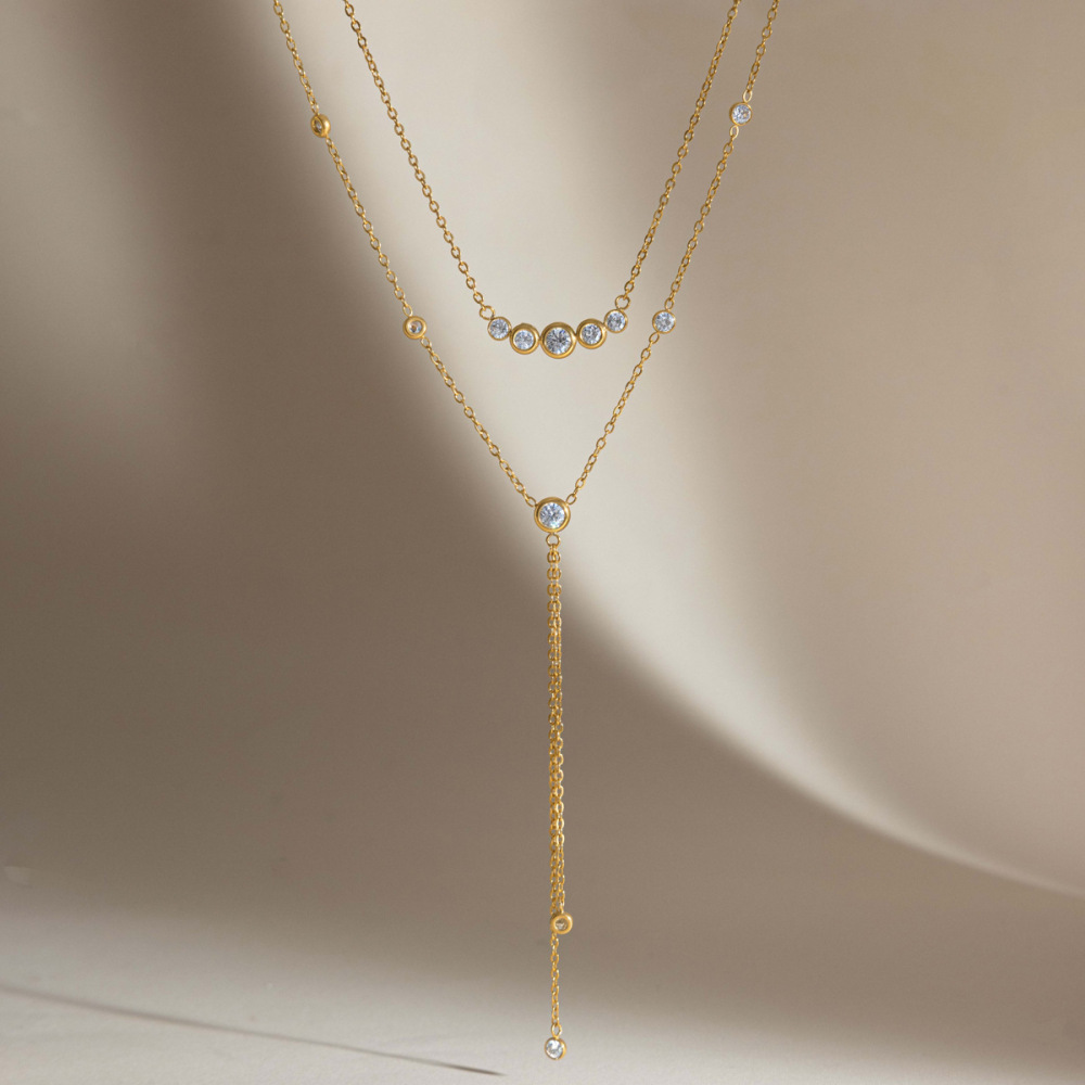 Colliers Superposés Pour Femmes, Collection Simple Series Daily Tassel Chain, En Acier Inoxydable, Couleur Or, Avec Zircon, Étanches. Image3