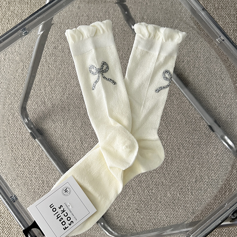 Chaussettes Mi-Mollet Basiques À Strass, Couleur Unie, Légèrement Rebondissantes h5Image2