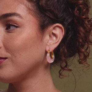 Boucles D'Oreilles Créoles Pour Femmes, Style Rétro, Forme Elliptique, En Acier Inoxydable, Couleur Or, Étanches, Avec Monture En Acrylique. h5 Image3