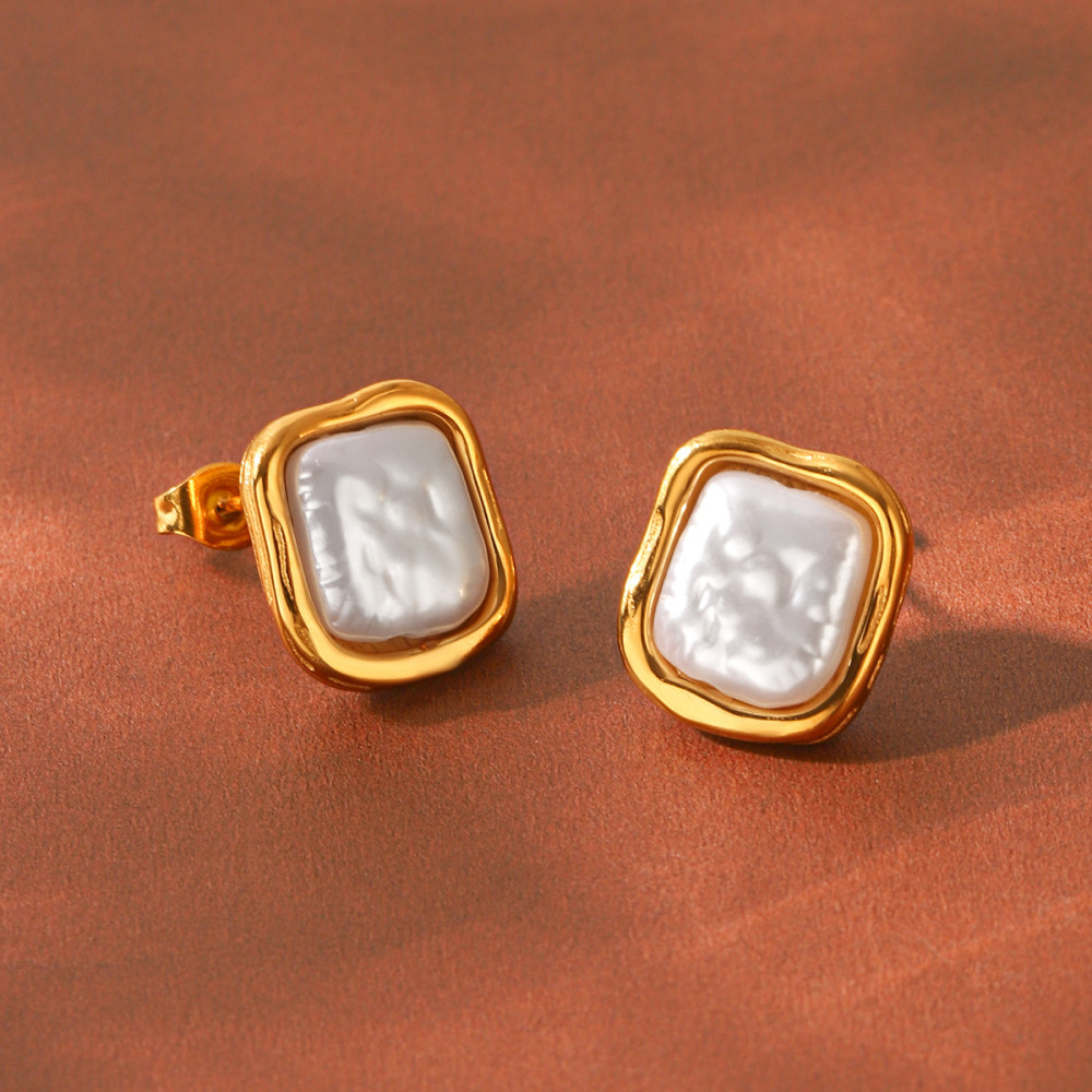 Boucles D'Oreilles Puces Pour Femmes, Style Rectangulaire, En Acier Inoxydable, Couleur Or, Imperméables, Avec Perles, Collection Simple Series Daily Image5