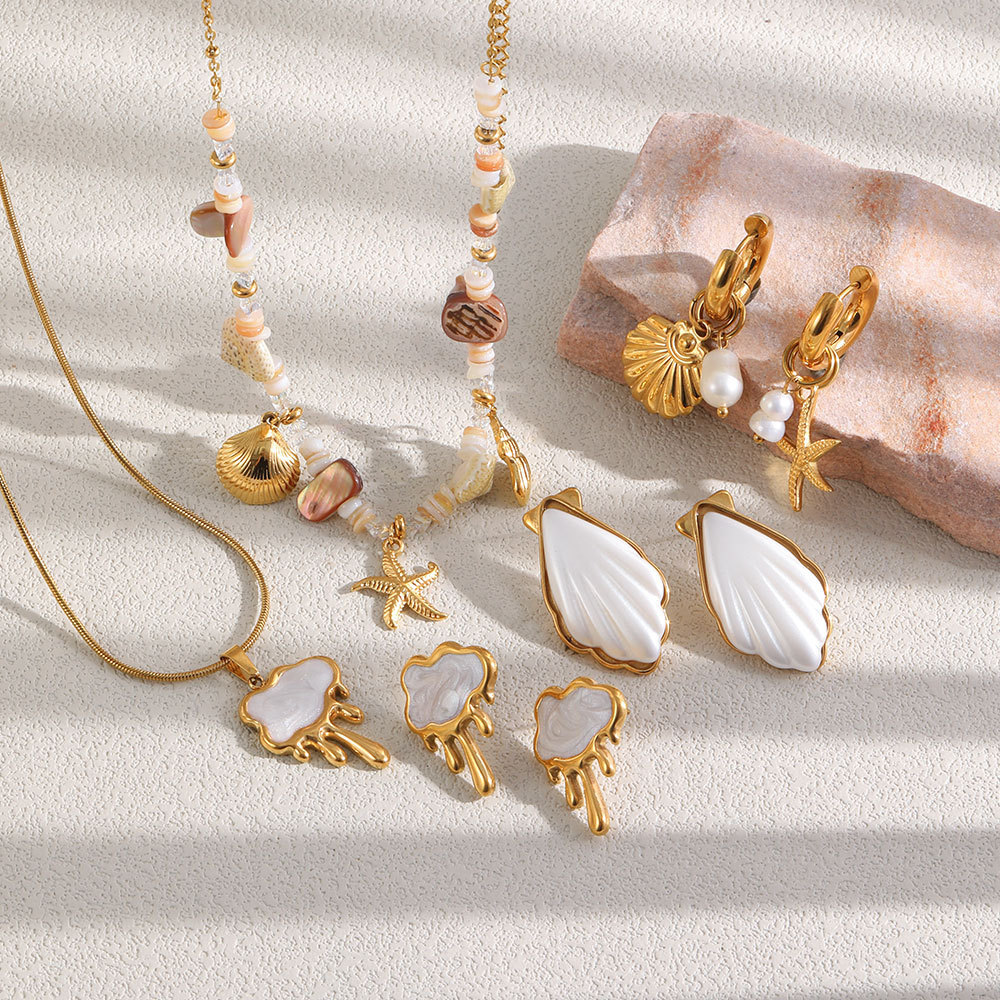 Ensembles De Colliers Pour Femmes En Acier Inoxydable Doré, Style Océanique, Avec Coquillage Et Étoile De Mer Image3