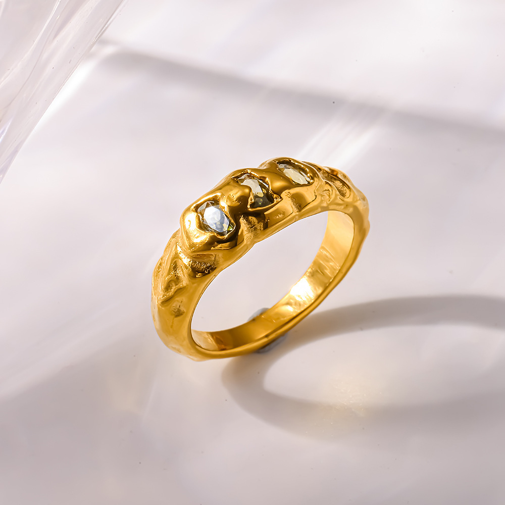 Bagues Luxueuses Rétro De Forme Irrégulière Et Géométrique En Acier Inoxydable Étanche Couleur Or Avec Zircon Image3