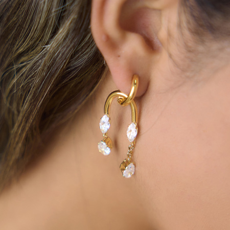Boucles d'oreilles pendantes pour femme, en acier inoxydable imperméable, couleur or, avec pompon simple et zircon. 2