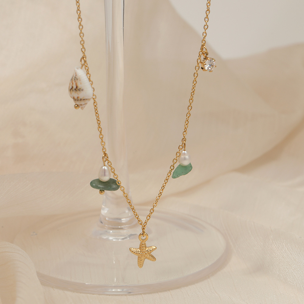 Colliers Pendentifs Pour Femmes En Acier Inoxydable, Couleur Or, Avec Étoile De Mer, Pierre Naturelle Et Coquillage En Zircon, Style Océanique Image3