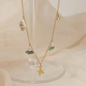 Colliers Pendentifs Pour Femmes En Acier Inoxydable, Couleur Or, Avec Étoile De Mer, Pierre Naturelle Et Coquillage En Zircon, Style Océanique h5 Image3