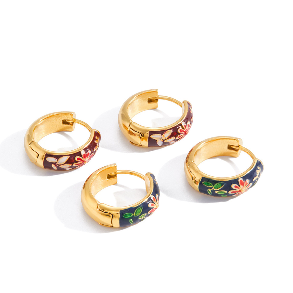 Boucles D'Oreilles Créoles Élégantes En Acier Inoxydable Doré, Style Classique, Avec Motif Floral. h5Image5