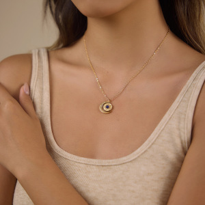 Colliers Pendentifs Rétro Soleil Et Lune En Acier Inoxydable Étanche Couleur Or Avec Pierre Naturelle Pour Femmes h5 Image3