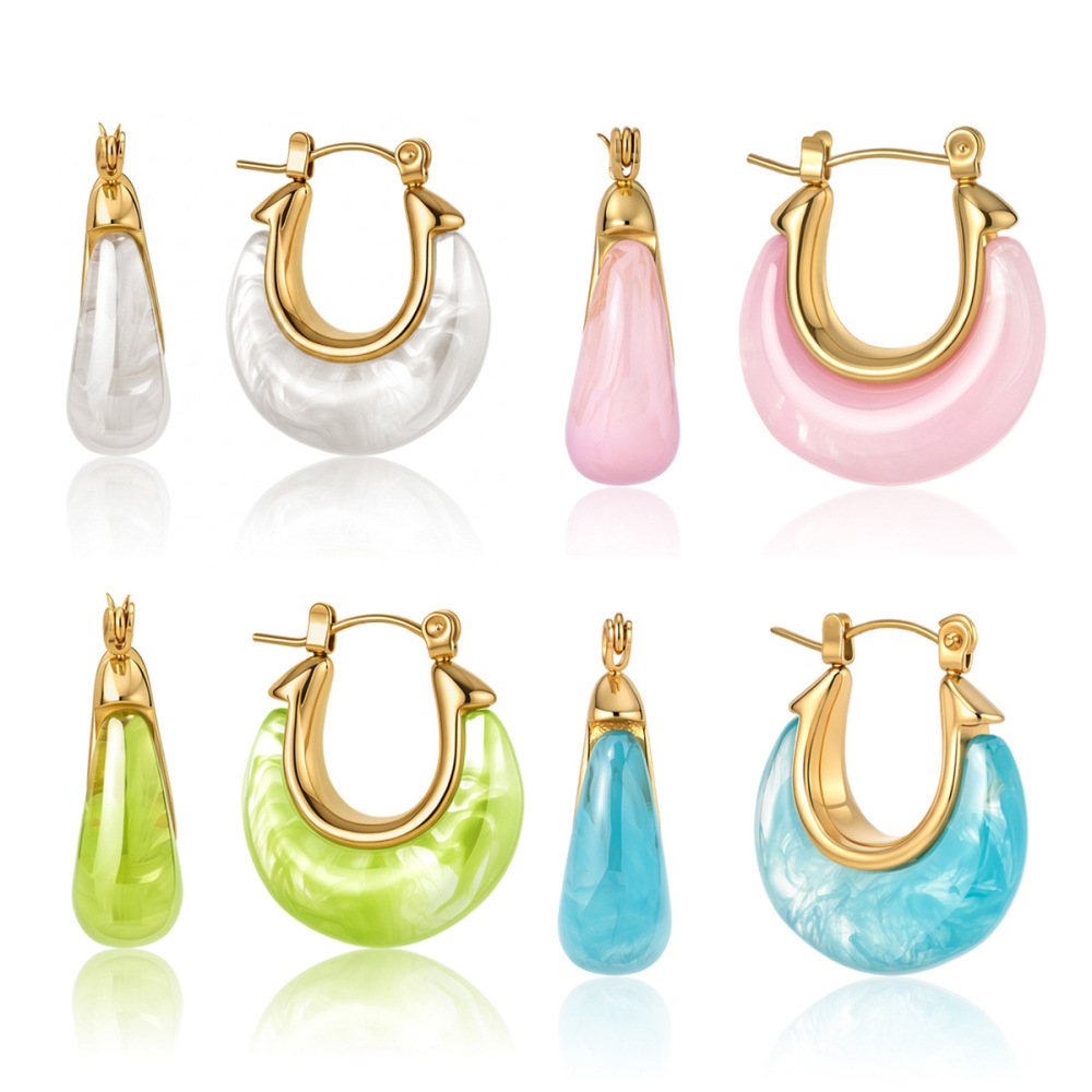 Boucles D'Oreilles Créoles Pour Femmes, Style Rétro, Forme Elliptique, En Acier Inoxydable, Couleur Or, Étanches, Avec Monture En Acrylique. Image4