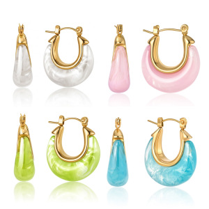 Boucles D'Oreilles Créoles Pour Femmes, Style Rétro, Forme Elliptique, En Acier Inoxydable, Couleur Or, Étanches, Avec Monture En Acrylique. h5 Image4