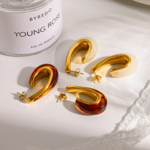 Boucles D'Oreilles Puces Rétro En Forme De C, En Acier Inoxydable, Imperméables, Couleur Or Et Acrylique, Pour Femmes h5 Image3