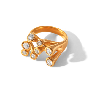 Bagues Pour Femmes En Acier Inoxydable Doré, Forme Irrégulière, Étanches, Serties De Zircon Et Ornées De Pierres Précieuses (Série Simple). h5 