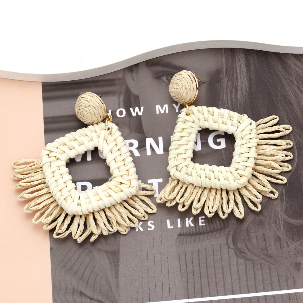 Boucles D'Oreilles Pendantes Rectangulaires En Raphia, Motif Floral Romantique, Collection Vacances, Pour Femmes h5Image4