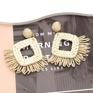 Boucles D'Oreilles Pendantes Rectangulaires En Raphia, Motif Floral Romantique, Collection Vacances, Pour Femmes h5 Image4