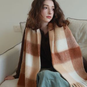 Écharpes D'Hiver En Laine Et Polyester Mélangés, À Carreaux Doux Et Pompons, De La Série Simple h5 Image5