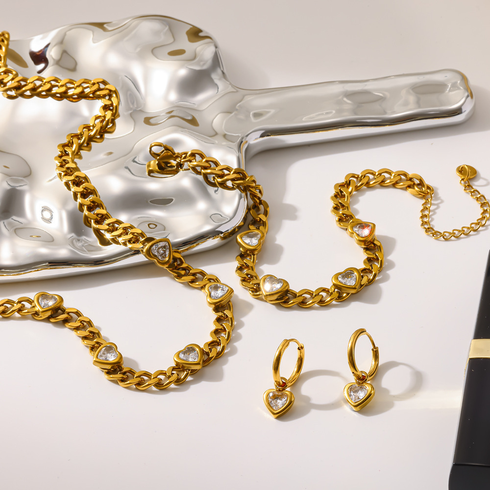 Ensembles De Bijoux Pour Femmes En Acier Inoxydable Doré Avec Strass En Forme De Cœur Image3