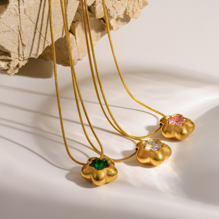 Colliers pendentifs pour femmes en acier inoxydable, couleur or, avec zircon et motif floral simple
