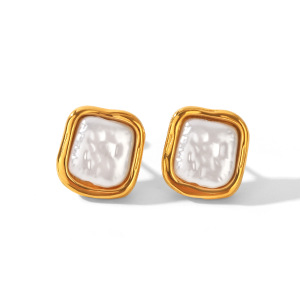 Boucles D'Oreilles Puces Pour Femmes, Style Rectangulaire, En Acier Inoxydable, Couleur Or, Imperméables, Avec Perles, Collection Simple Series Daily h5 Image6