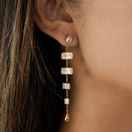 Boucles d'oreilles pendantes pour femmes, en acier inoxydable, étanches, couleur or, avec zircon et pompon.