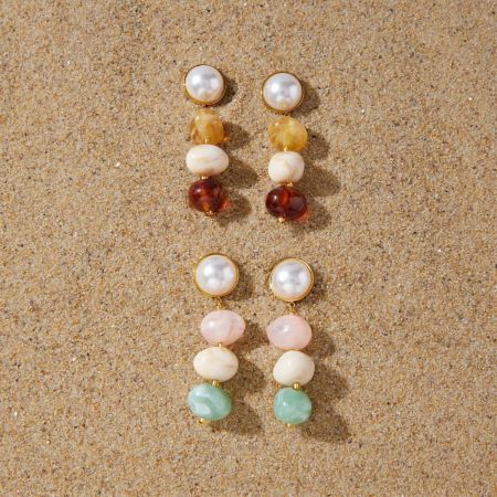 Boucles D'Oreilles Pendantes Romantiques En Acier Inoxydable, Imperméables, Couleur Or, Ornées De Perles. Collection Sweet Patchwork Circle.