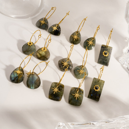 Boucles d'oreilles pendantes pour femme, style rétro, rectangulaire, géométrique, en pierres naturelles couleur or, ornées de pierres naturelles.