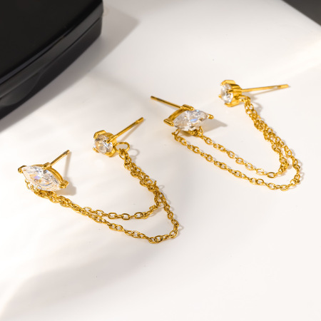 Boucles d'oreilles puces pour femmes, élégantes, à pampilles, en acier inoxydable, imperméables, couleur or, avec zircon, collection Luxueuse.