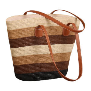 Sac Trapèze Femme En Raphia Tissé À Rayures Multicolores Style Vacances h5