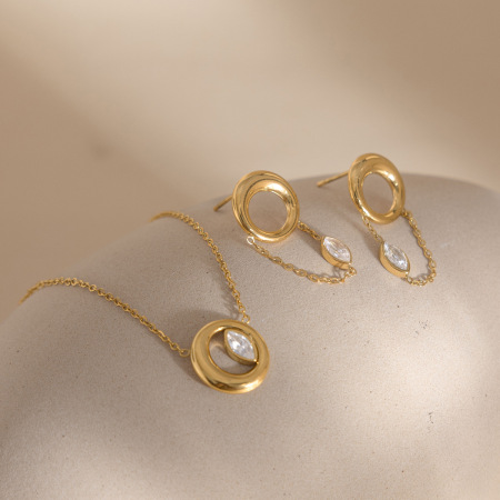 Ensembles de colliers pour femmes avec pompon simple, cercle, acier inoxydable, imperméable, couleur or et zircon.
