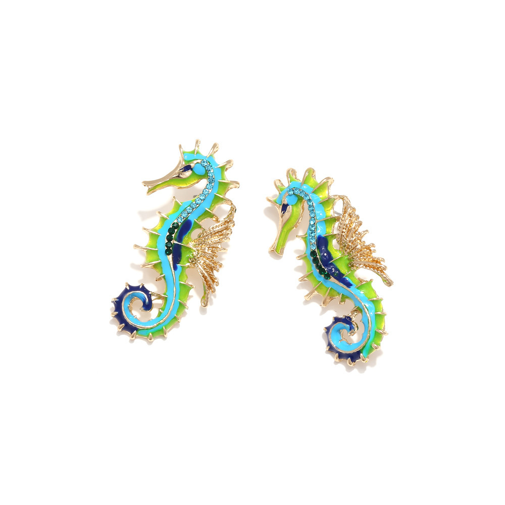 Boucles D'Oreilles Puces Pour Femmes, Style Ethnique, Motif Hippocampe Et Or, En Alliage Et Strass, Collection Vacances. h5Image4