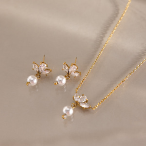 Ensembles De Colliers Élégants Pour Femmes, En Acier Inoxydable, Imperméable, Couleur Or, Zircon Et Perles, Ornés De Fleurs. h5 Image2